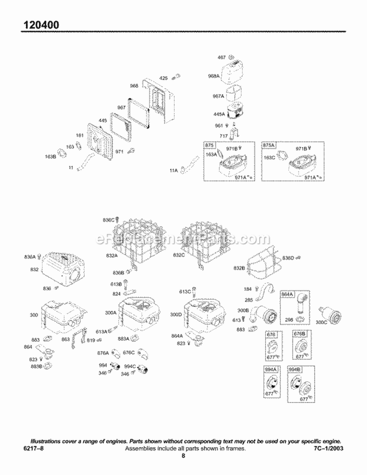 Air Cleaner Groups Muffler Diagram and Parts List for 120412-0139-E1  Briggs and Stratton Engine